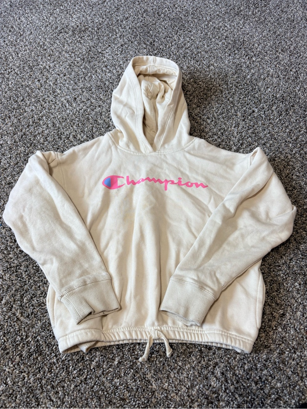 Champion Cream Hoodie with Pink Logo